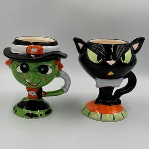 2 Whimsical Halloween Goblet Mugs Witch & Black Cat